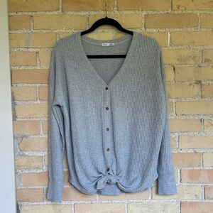 Dex Gray V-Neck Waffle Shirt with Button Detail